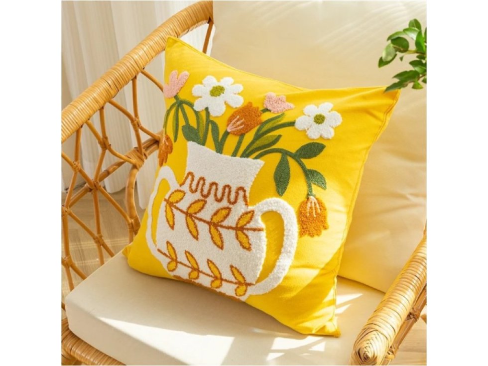 Polštářový Povlak 45 x 45 cm, Žlutý s Motivem Květin, 100% Polyester