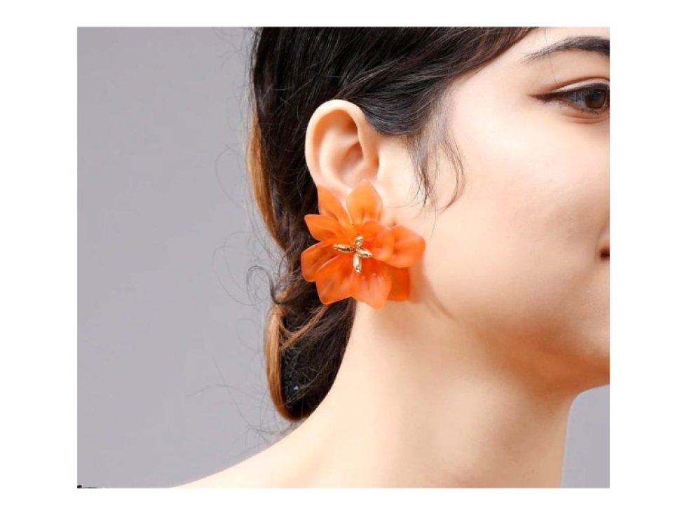 Retro Náušnice s Letními Květinami v Boho Stylu, Oranžová, Kov a Akryl, 5x6 cm
