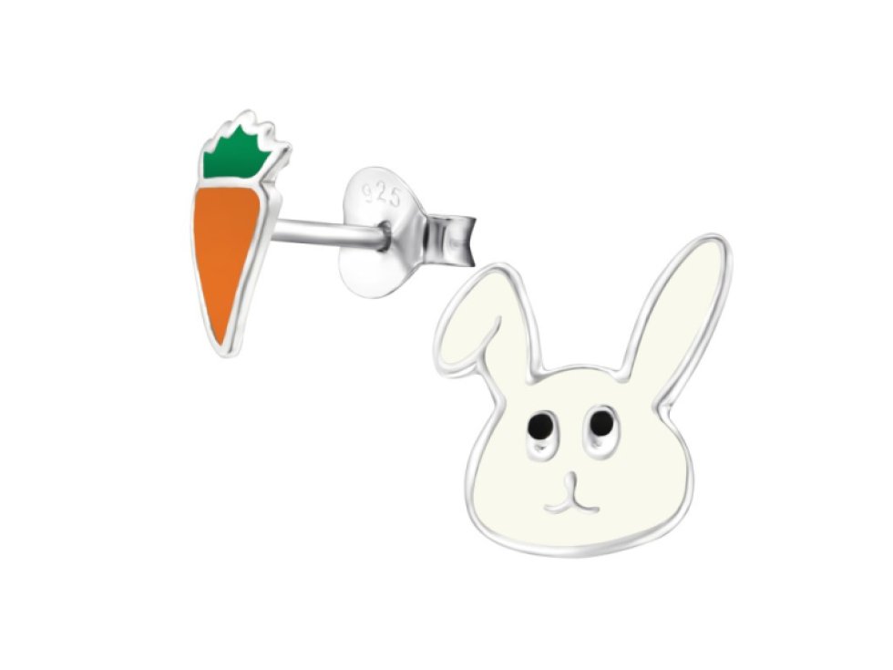 Dětské stříbrné náušnice s motivem králíka a mrkve