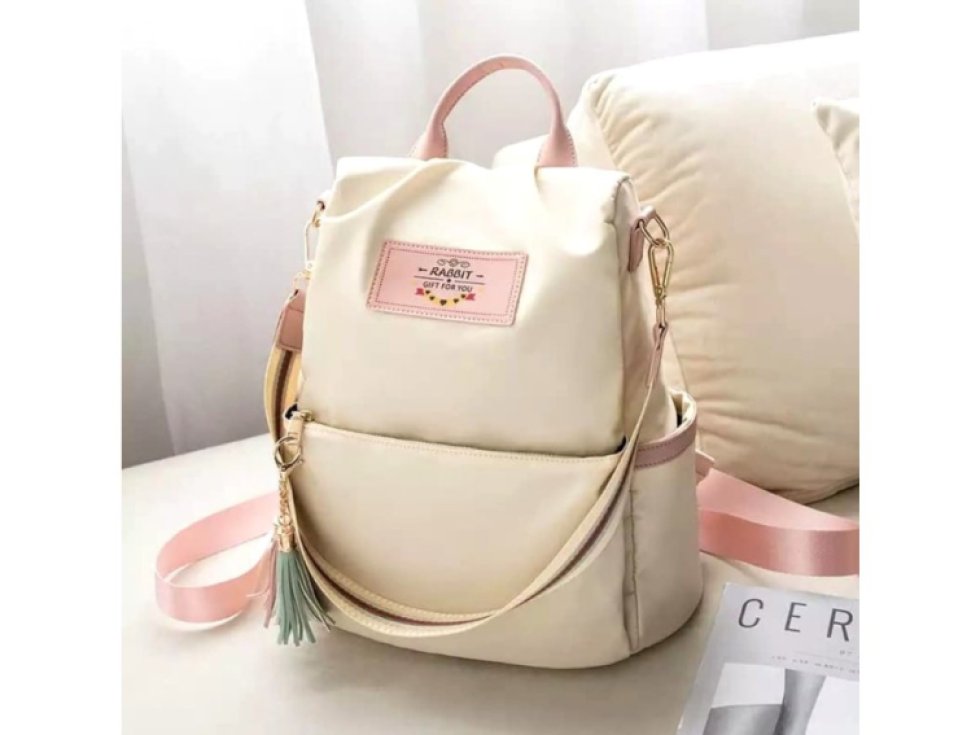 Prostorný Dámský Městský Batoh s Bambulkou, Béžová, Nepromokavá Syntetika, 32x31x15 cm