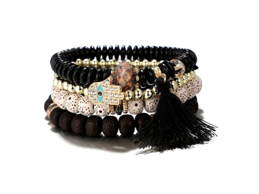 Sada 4 pružných náramků z kovu a akrylu s přívěsky a střapci, univerzální velikost, různé barvy