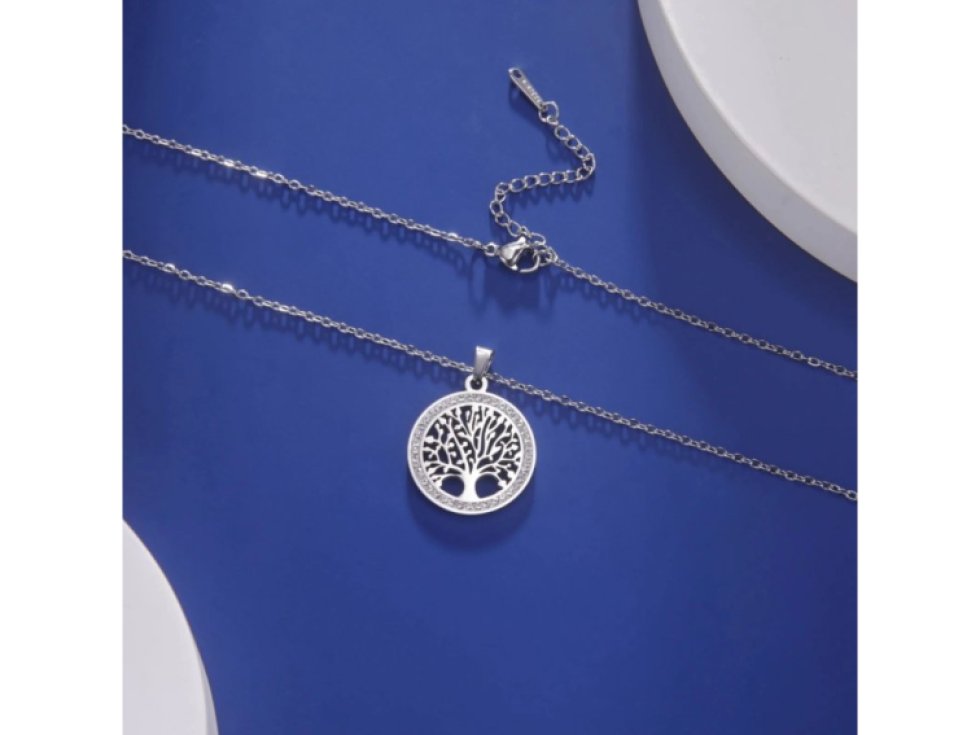 Náhrdelník s přívěskem stromek z chirurgické oceli, stříbrný, zdobený zirkony