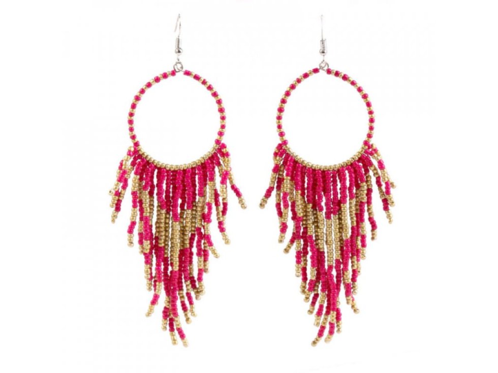 Dlouhé Boho Visací Náušnice v Orientálním Retro Stylu, Kov a Korálky, 13.5 cm x 3.5 cm. Růžové