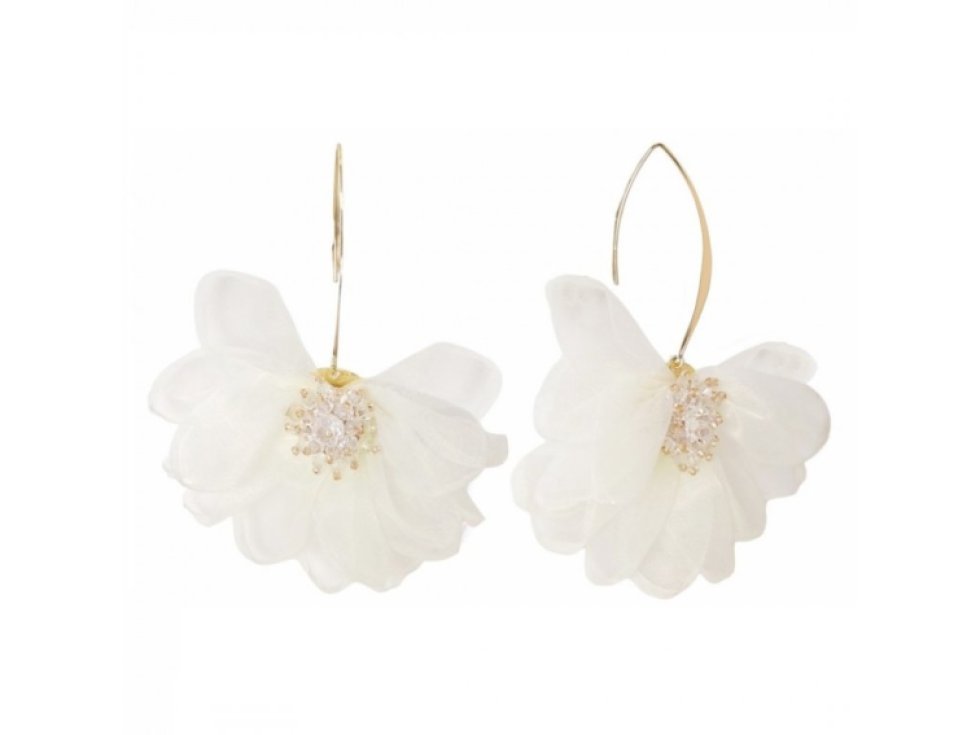 Visací náušnice s krystalky, tylové bílé květiny 10x8 cm K1675B