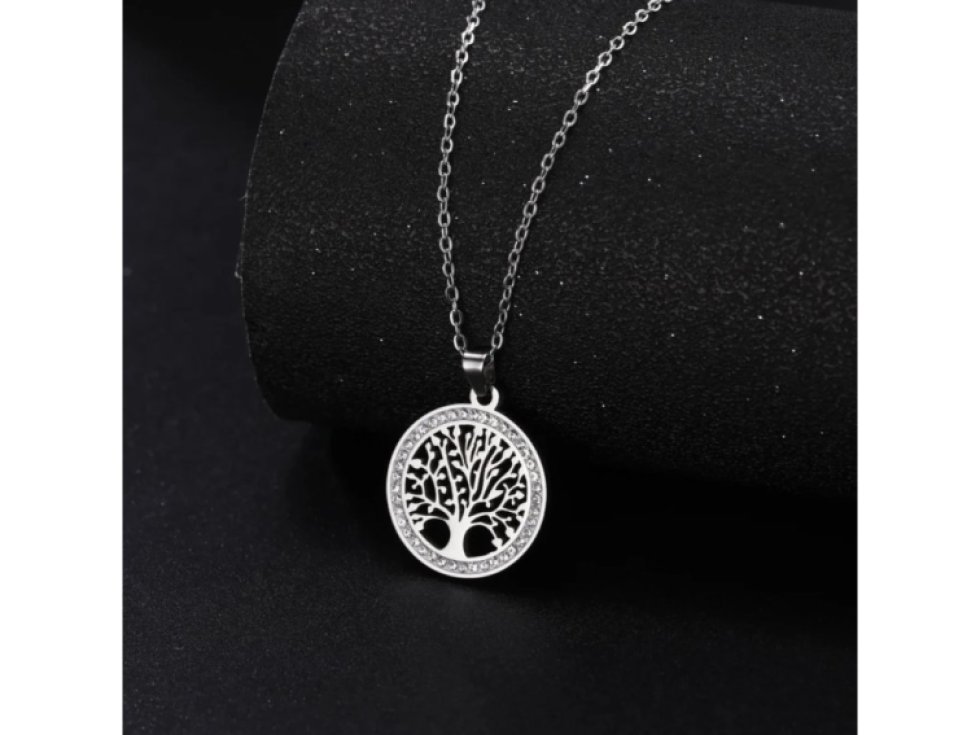 Náhrdelník s přívěskem stromek z chirurgické oceli, stříbrný, zdobený zirkony