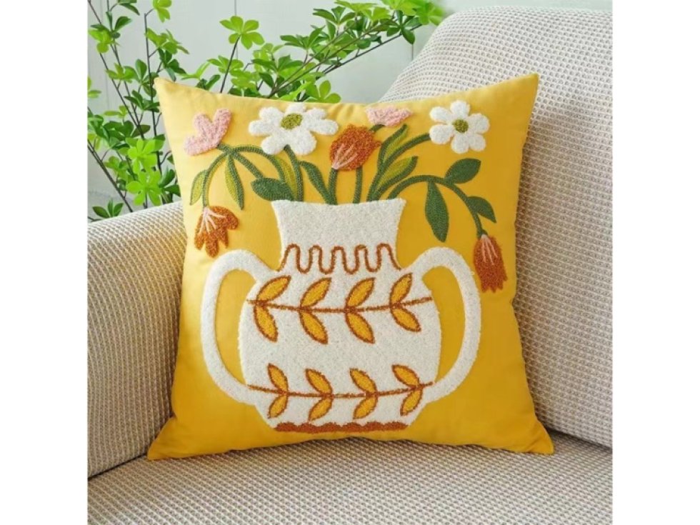 Polštářový Povlak 45 x 45 cm, Žlutý s Motivem Květin, 100% Polyester