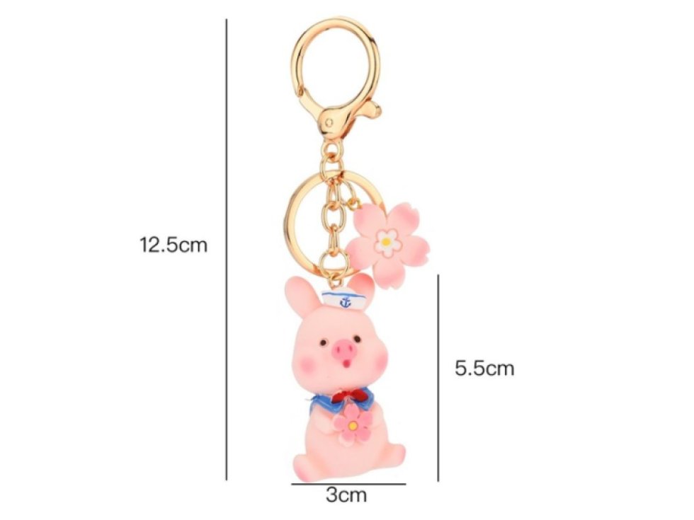 Kouzelný klíčenka s prasátkem a květinovým tagem, šířka 3 cm, výška 5,5 cm, celková délka s karabinou 12,5 cm