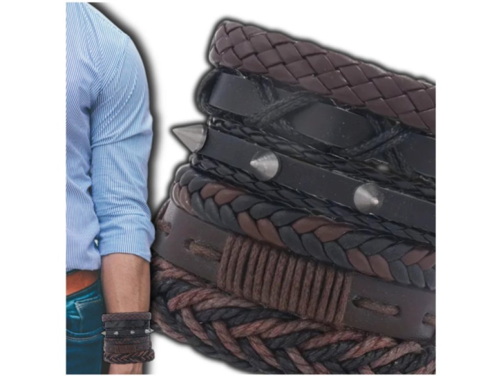 Sada 6 hnědých pánských kožených náramků s regulací