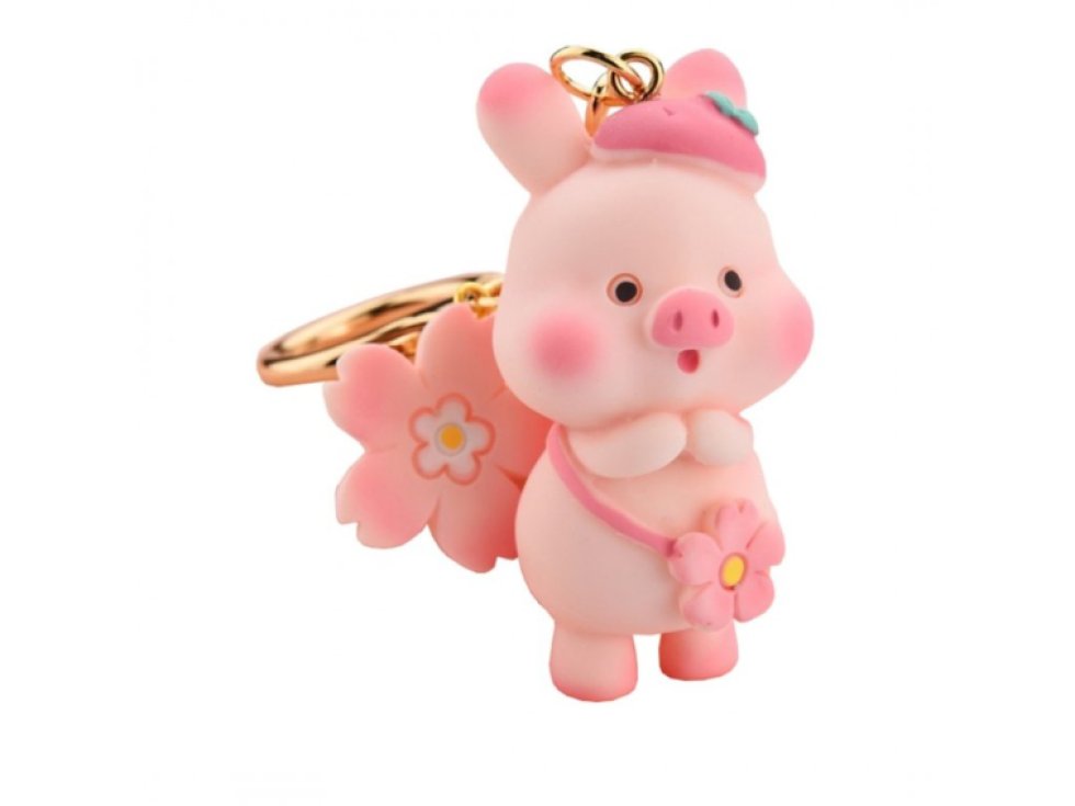 Kouzelný klíčenka s prasátkem a květinovým tagem, šířka 3 cm, výška 5,5 cm, celková délka s karabinou 12,5 cm