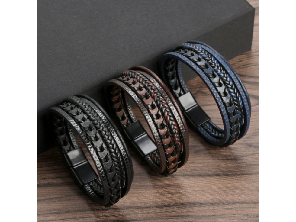 Pánský náramek Adiel, černý, z chirurgické oceli a umělé kůže, obvod 19 cm