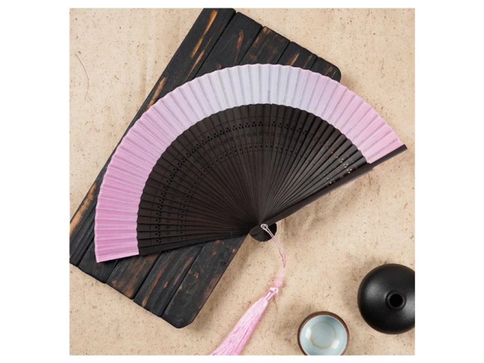 Vějíř dřevěný + saténový okraj - růžový