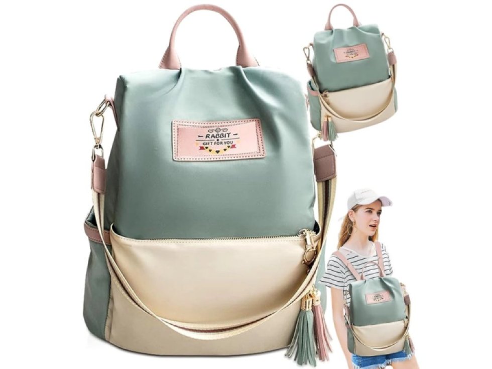 Prostorný Dámský Městský Batoh s Pomponem, Mátová Barva, Syntetický Materiál, 32x31x15 cm