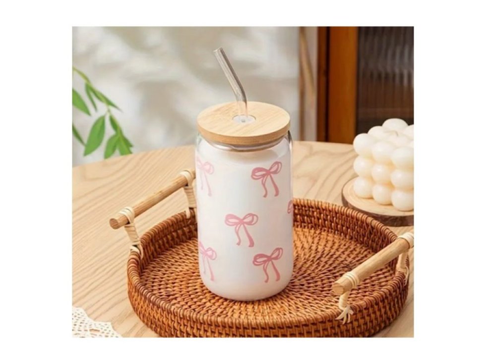 Sklenice, růžové mašličky - s brčkem a bambusovým víčkem 500 ml - SZK131Název produktu: Sklenice s růžovými mašličkami a brčkem 500 ml