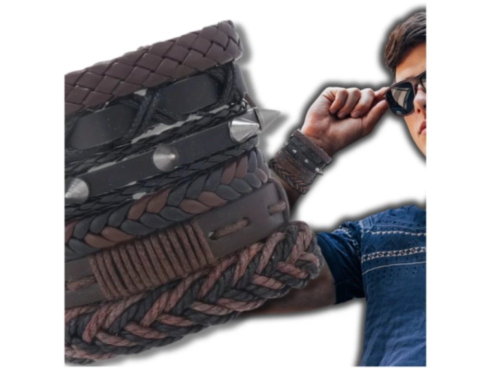 Sada 6 hnědých pánských kožených náramků s regulací