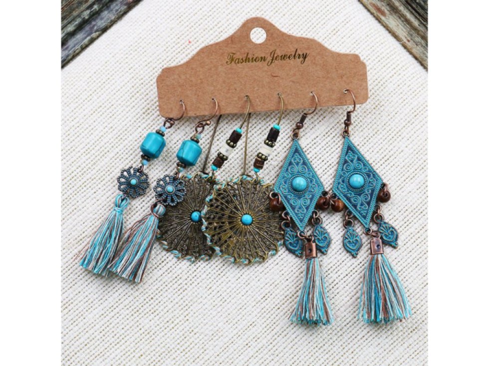 Ručně Malované Etnické Náušnice Boho - Tyrkys II, 3 páry, Rozměry 5-7.5 cm