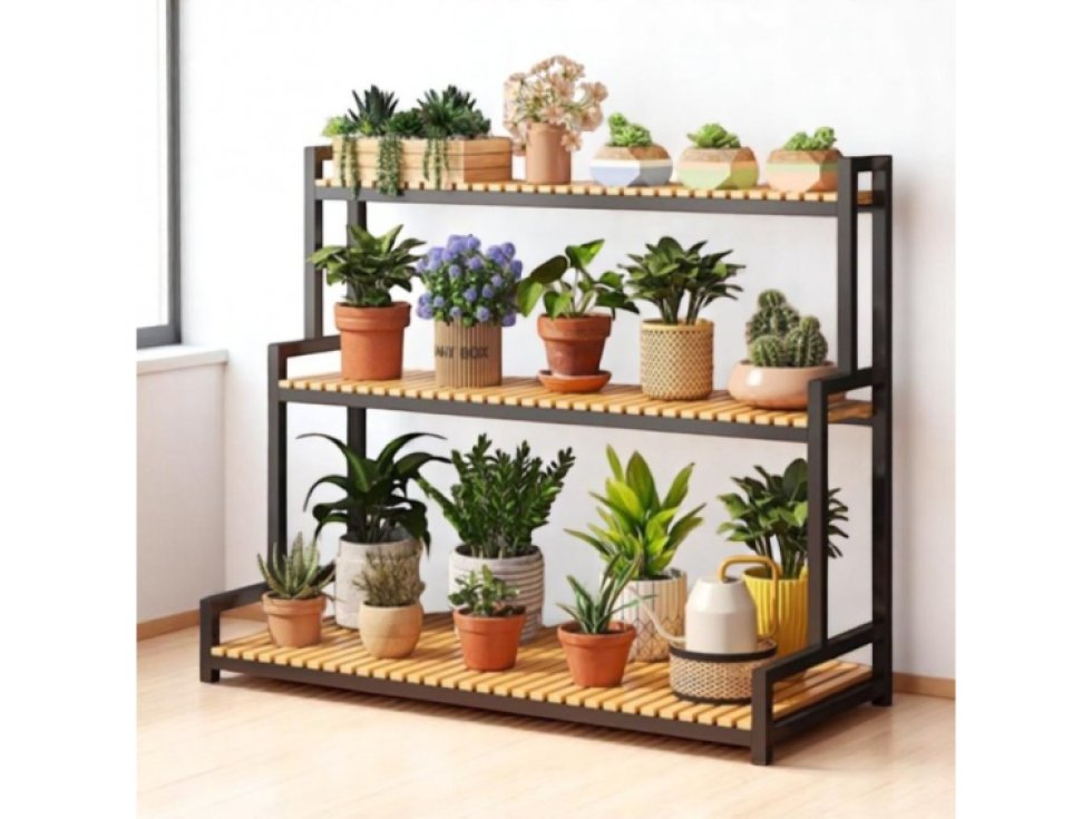 3patrový černý stojan na květiny, police 120 x 40 x 95 cm - SZ47CZ