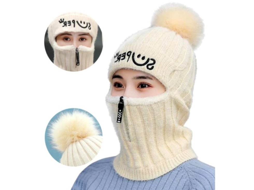 Dámská zimní lyžařská čepice 2 v 1 s kapucí na zip, béžová, univerzální velikost, materiál úplet