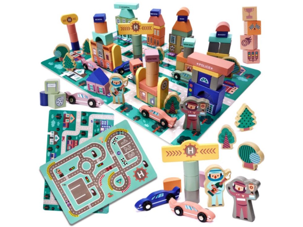 Vzdělávací dřevěné kostky závodní dráha 160el.