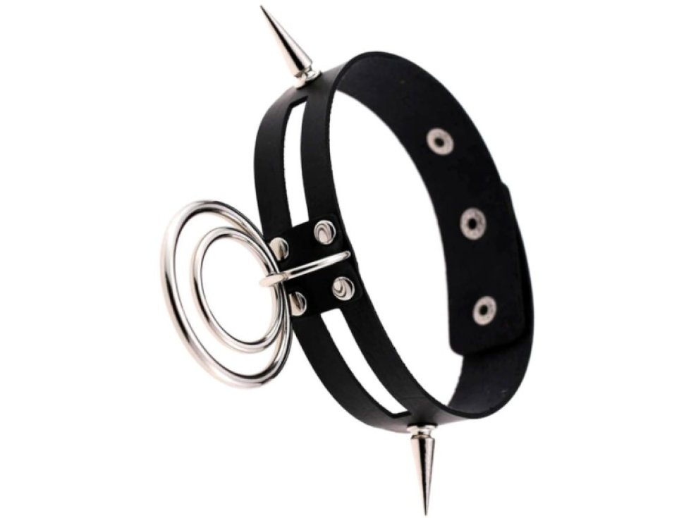 Gotický kožený náhrdelník s kruhy a ostny, černý, šířka 2,8 cm, délka 39 cm