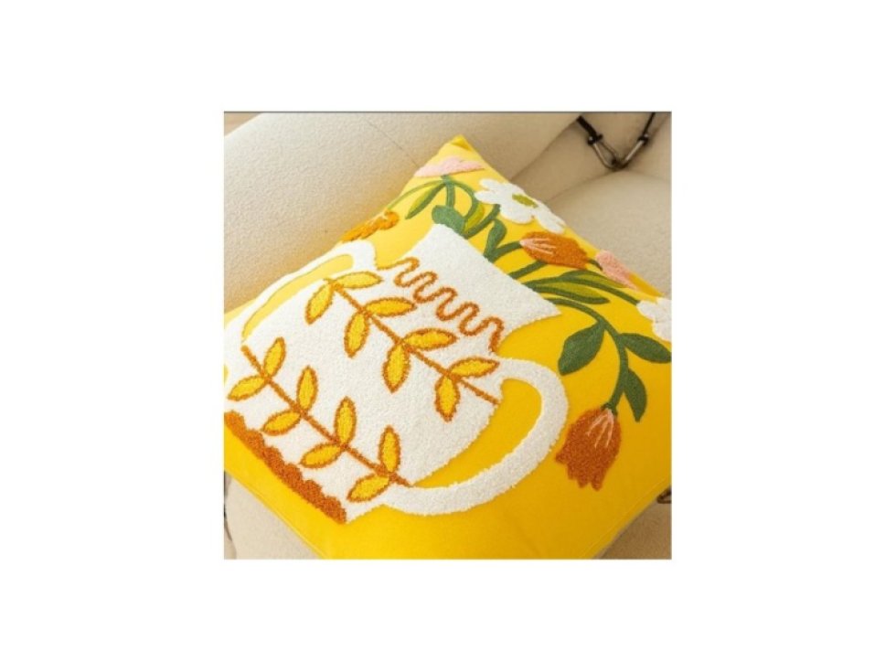 Polštářový Povlak 45 x 45 cm, Žlutý s Motivem Květin, 100% Polyester