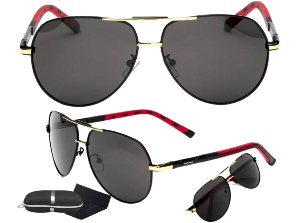 Pánské polarizační sluneční brýle pro piloty, černé s kovovými zorníky, UV filtr 400 kat. 3