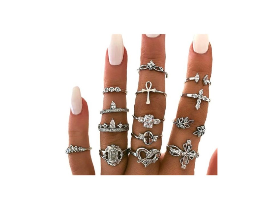 Sada 14 kovových prstenů Punk v antickém stříbrném stylu, šířka 16-18 mm