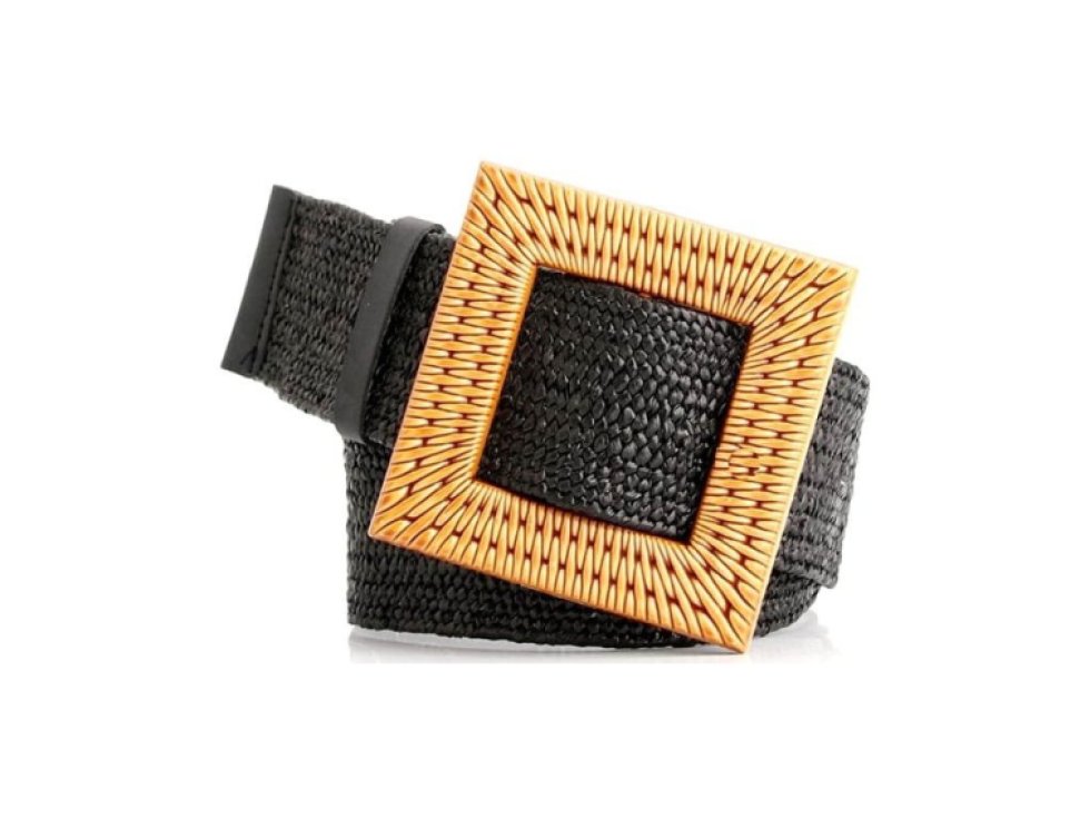 Široký popruh ze slámy s čtvercovou přezkou, elastický, pro šaty