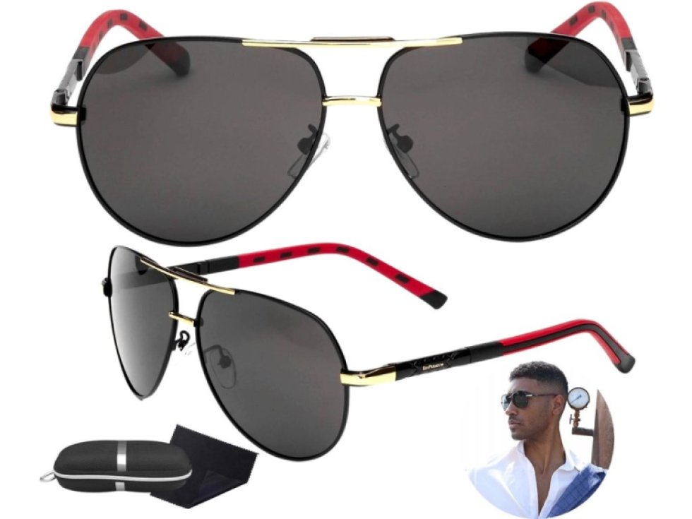 Pánské polarizační sluneční brýle pro piloty, černé s kovovými zorníky, UV filtr 400 kat. 3