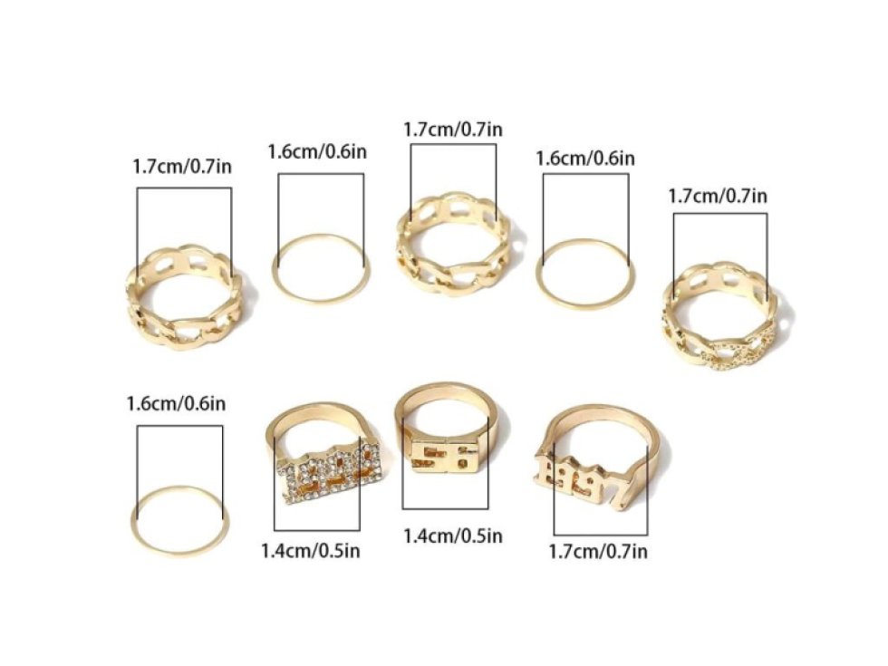 Sada 8 Boho Prstenů v Retro Stylu, Zlatá Barva, Šířka 16-18 mm