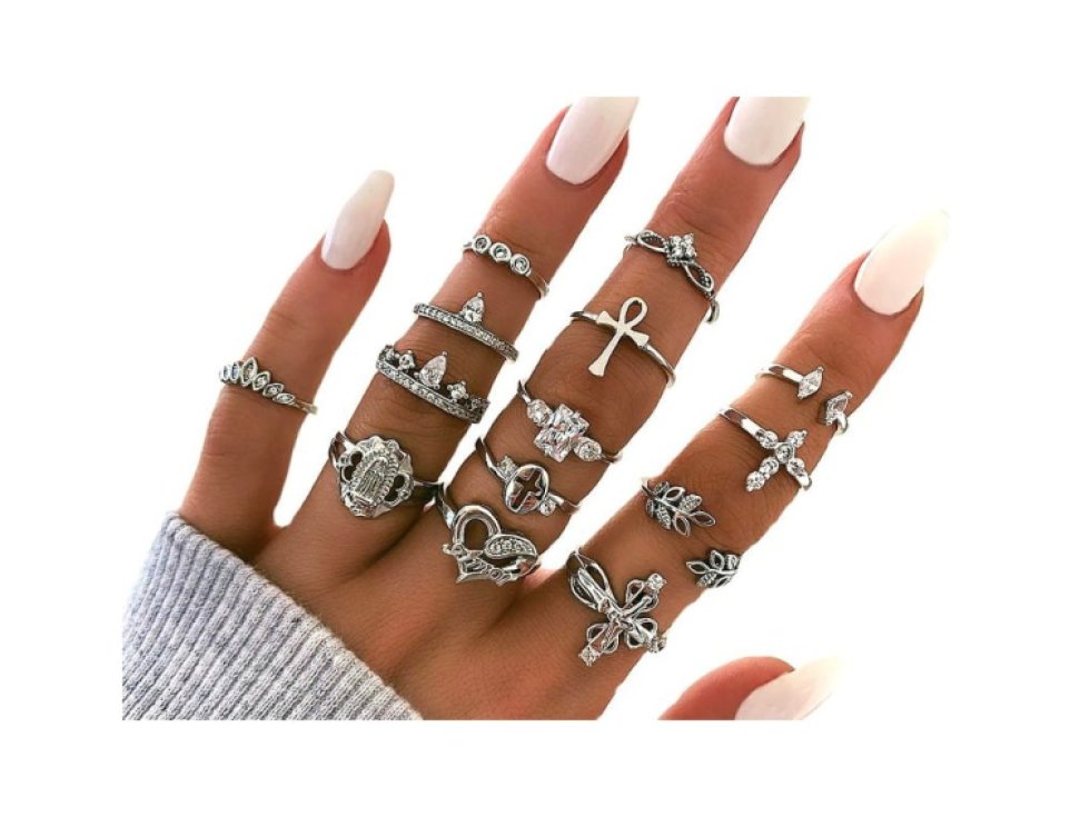 Sada 14 kovových prstenů Punk v antickém stříbrném stylu, šířka 16-18 mm