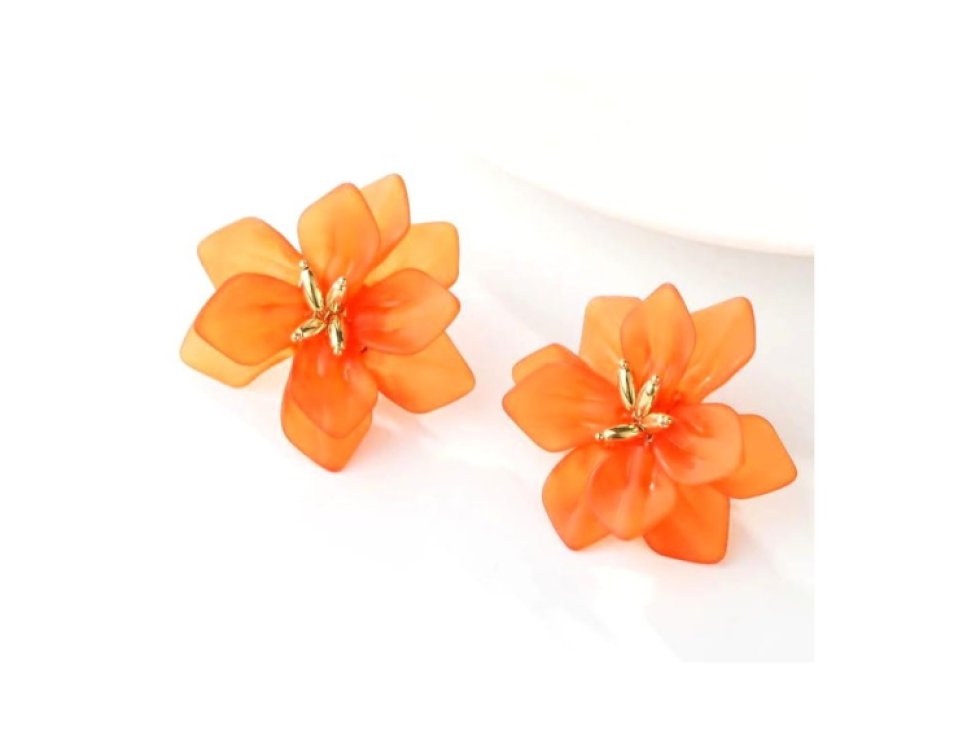 Retro Náušnice s Letními Květinami v Boho Stylu, Oranžová, Kov a Akryl, 5x6 cm