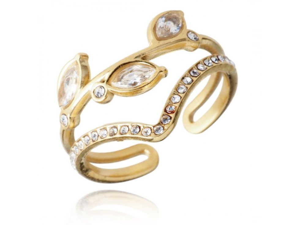 14karátový pozlacený prsten z nerezové oceli se zirkony, světle zlatá barva, odolný vůči povětrnostním vlivům