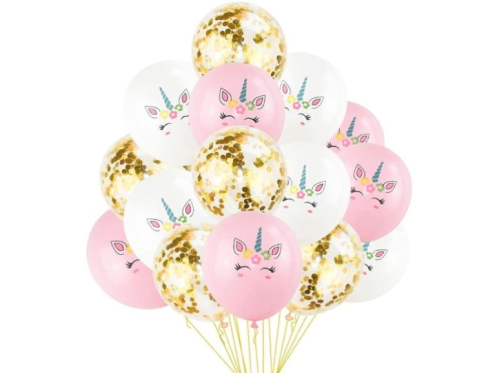 Sada 15 balónků Jednorožec Mix, Bílá/Růžová/Průhledná s Konfetami, Latex, Průměr 30 cm