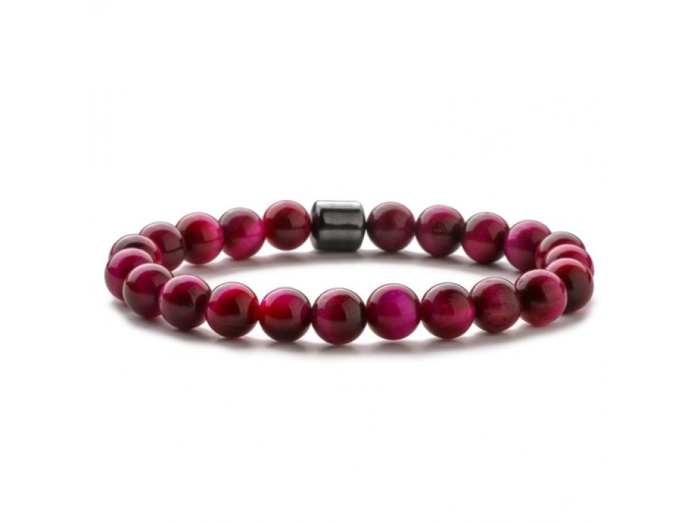 Náramek z pravých kamenů Tygří oko Magenta a Hematit. Unisex