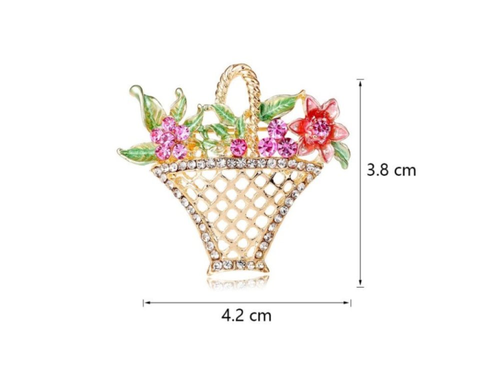 Křišťálová brož ve tvaru košíku s květinami, 4,2 x 3,8 cm, bez niklu a chromu