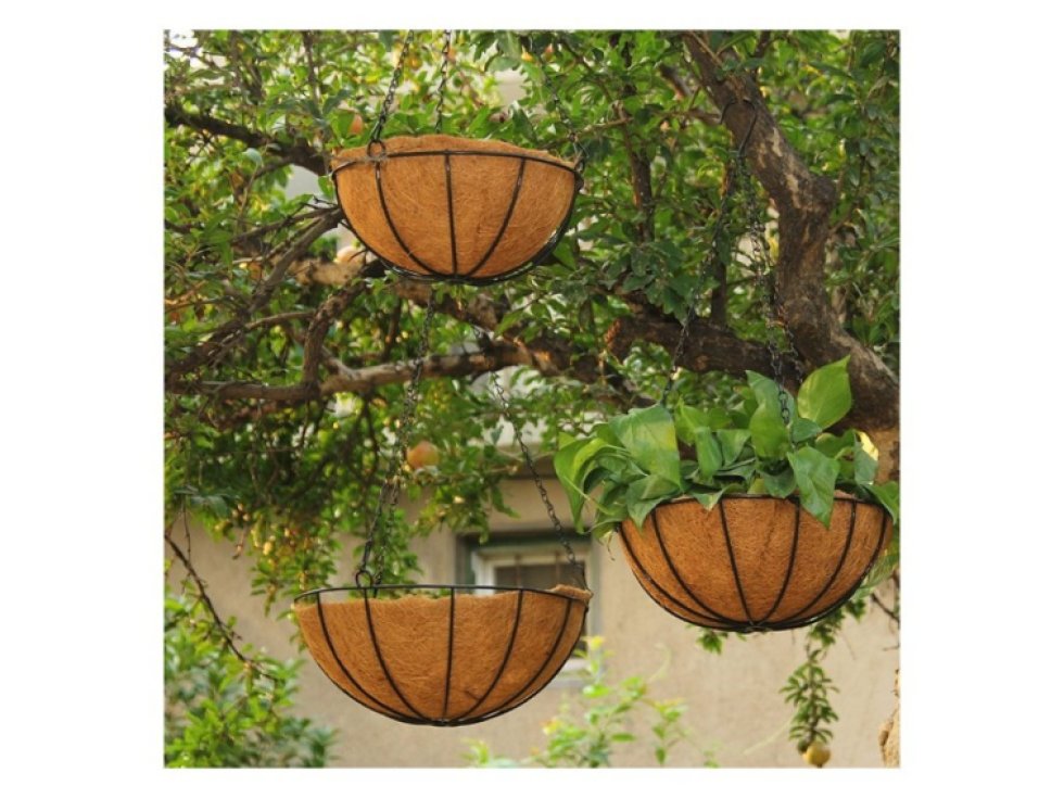 Závěsný koš na květiny - KVĚTINÁČ, černý, ocel, ø30,5 cm s vložkou z kokosového vlákna