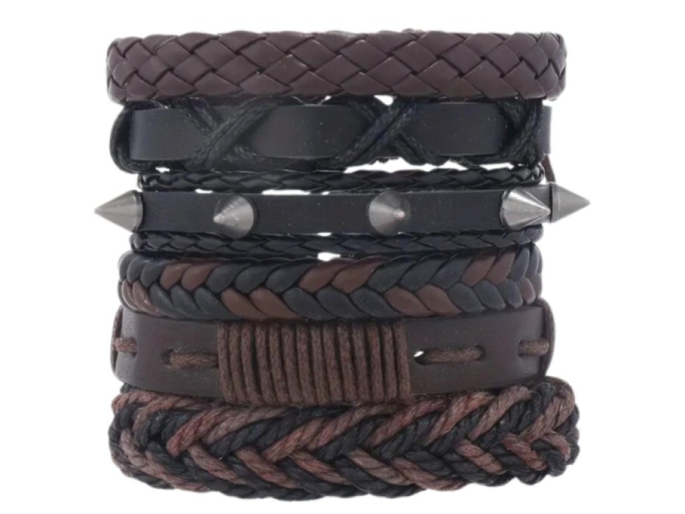 Sada 6 hnědých pánských kožených náramků s regulací