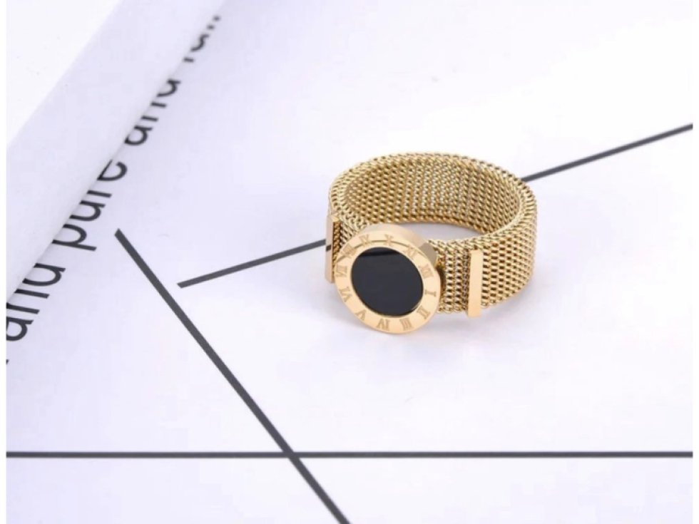 Zlatý prsten z chirurgické oceli 316L s motivem římských hodin, velikost 6, šířka 12 mm