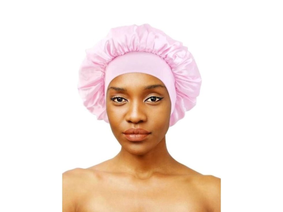 Růžová saténová noční čepice s vlasovým lemem, univerzální velikost, 100% polyester