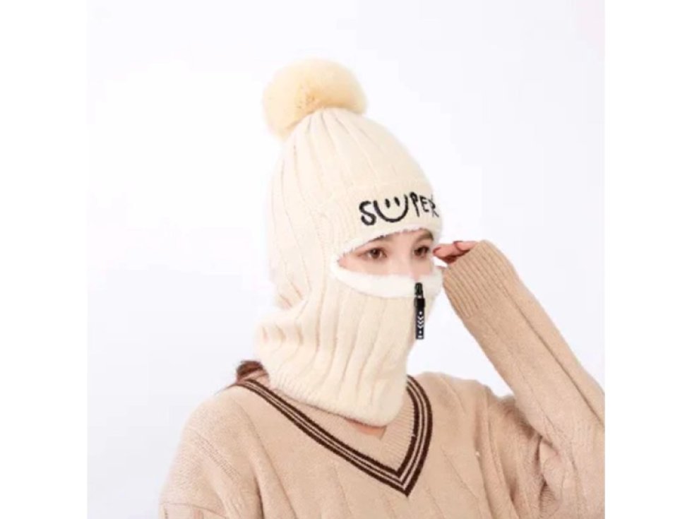 Dámská zimní lyžařská čepice 2 v 1 s kapucí na zip, béžová, univerzální velikost, materiál úplet