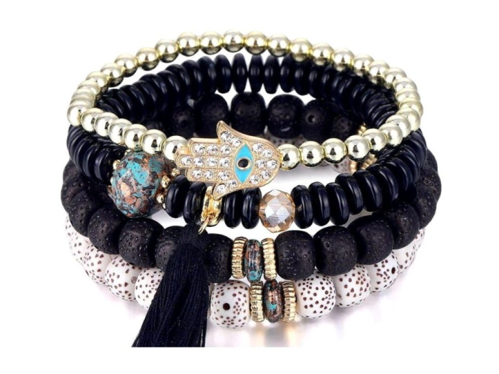 Sada 4 pružných náramků z kovu a akrylu s přívěsky a střapci, univerzální velikost, různé barvy