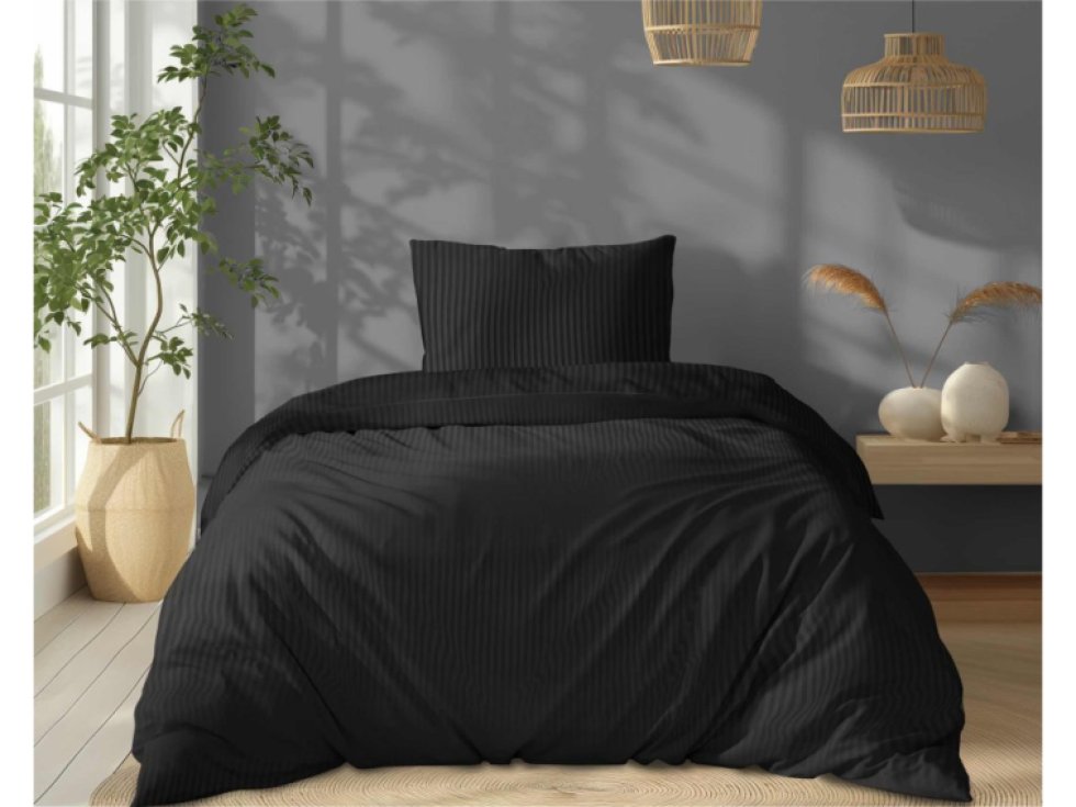 Damaškové povlečení 140X200 černé jednobarevné pruhované1 cm Pure