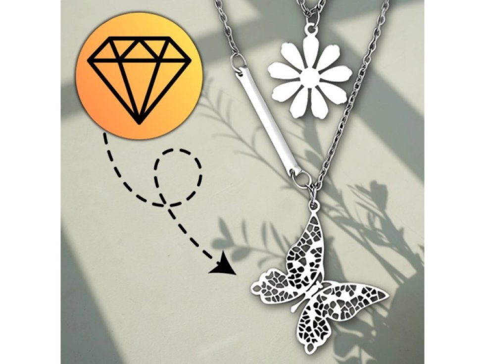 Náhrdelník stříbrný z chirurgické oceli dámský dvojitý květ motýl Dvojitý květinový motýlí náhrdelník z chirurgické oceli