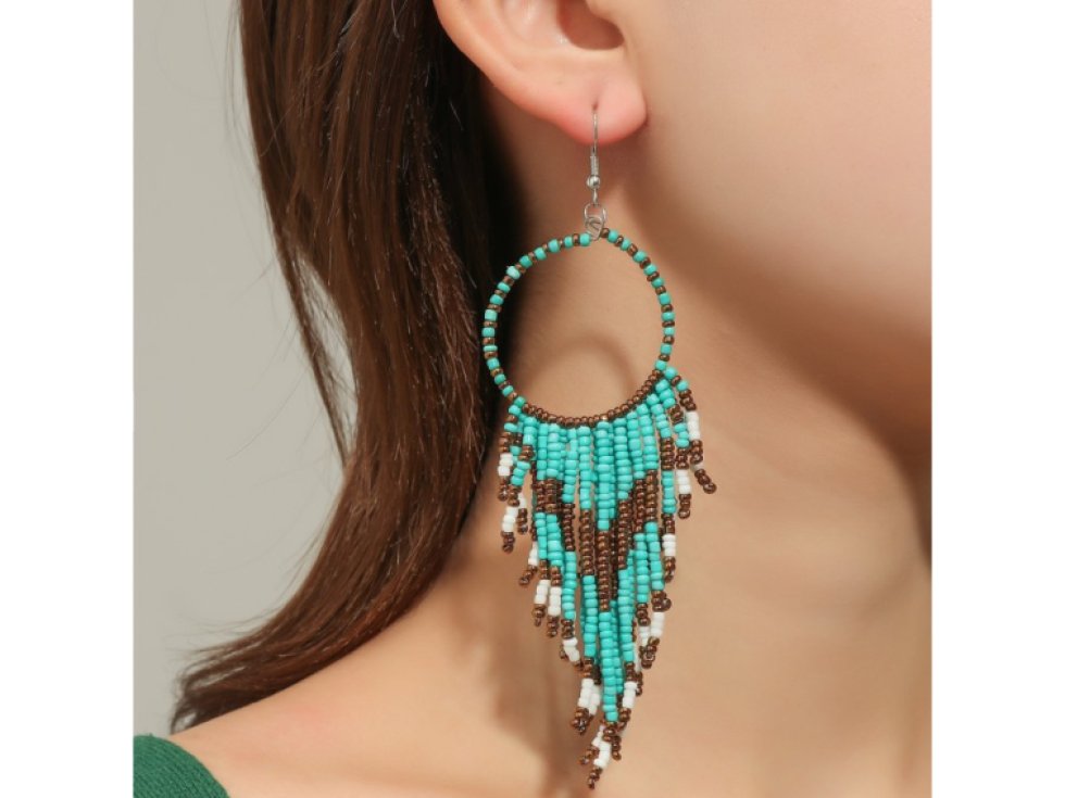 Dlouhé Boho Visací Náušnice v Orientálním Retro Stylu, Kov a Korálky, 13.5 cm x 3.5 cm. Tyrkysové II
