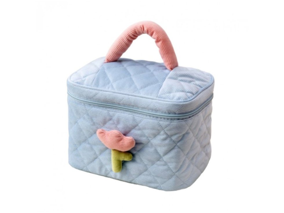 Prošívaný kosmetický kufřík s motivem tulipánů, modrý, měkký pikovaný materiál, 25 x 15,5 x 16 cm