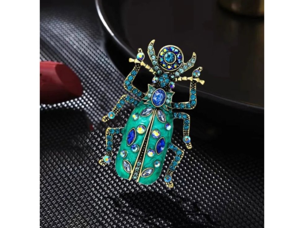 Vintage brož Brouk s krystaly zirkonie, smaltovaná, stříbrná