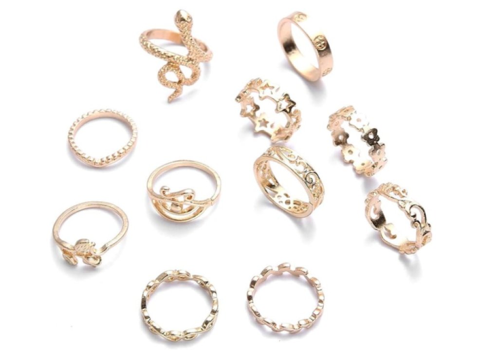 Sada 11 Punk Gothic Retro Prstenů, Zlatá Barva, Kovový Materiál, Velikosti 16-18 mm