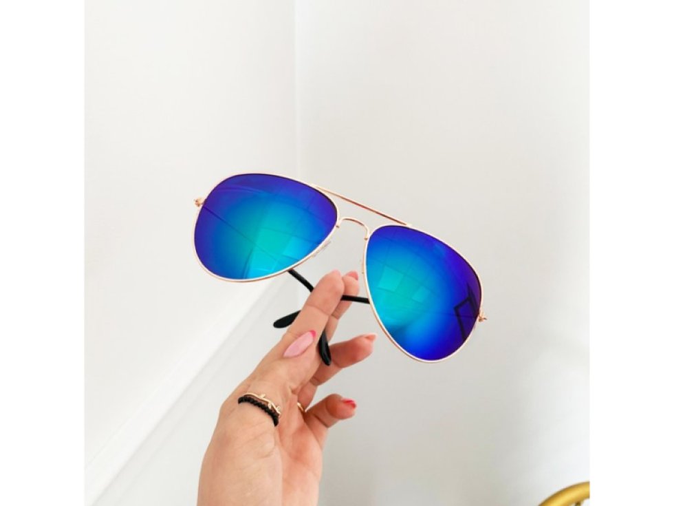 Sluneční Brýle Aviators Pilotky, Tyrkysová Zrcadlová Skla, Zlatý Kovový Držák