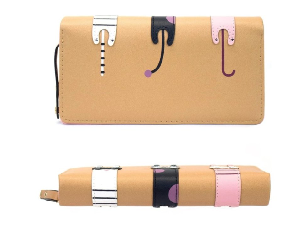 Velká dámská peněženka z ekologické kůže s kočičím vzorem, béžová, 19.5x9.5x3.2 cm