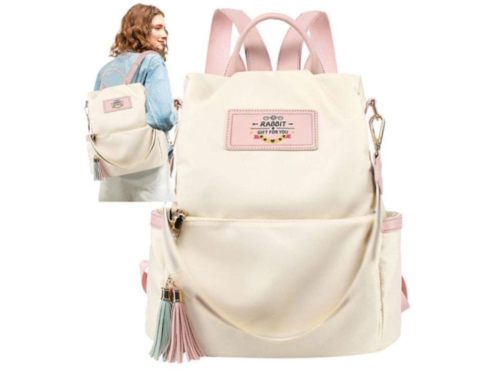 Prostorný Dámský Městský Batoh s Bambulkou, Béžová, Nepromokavá Syntetika, 32x31x15 cm